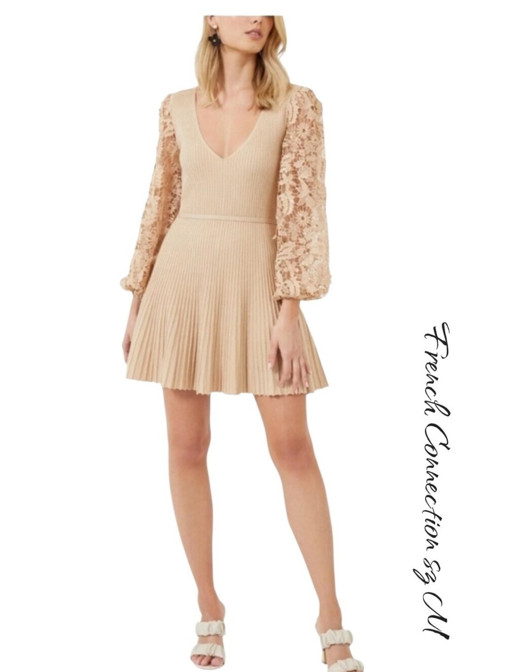 French Connection Loa Joss Lace Rib Knit Mini Dress M